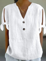 LilyWish White Plain V-neck Split Sleeve Top