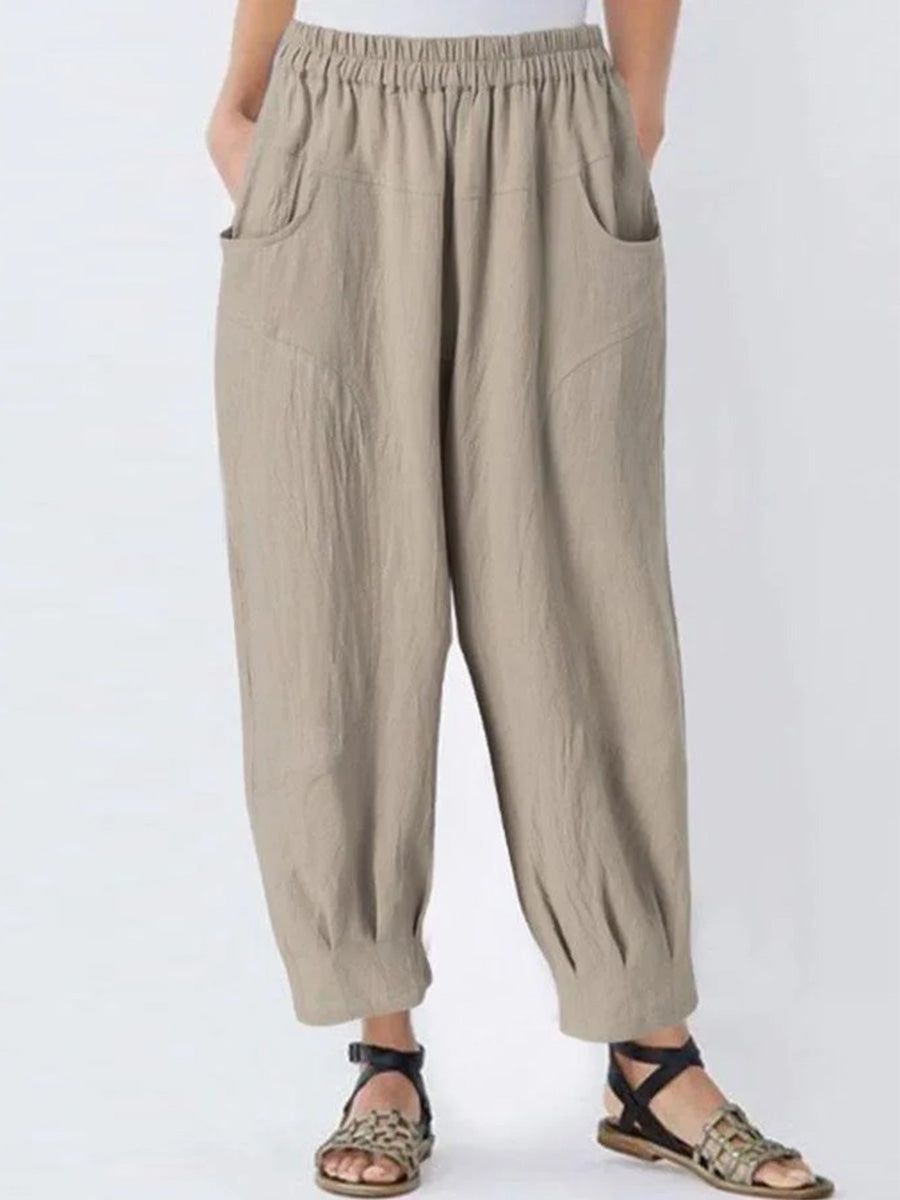 LilyWish Casual Solid Paneled Side Pockets Elastic Folds Harem Pants
