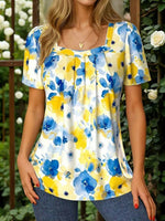 LilyWish Vintage Floral Square Neck Short Sleeve Print Blouse