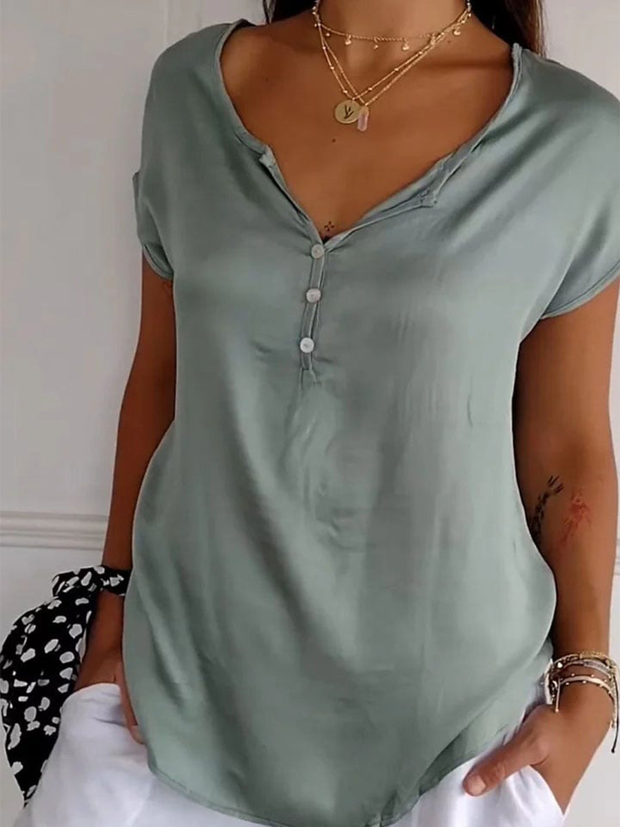 LilyWish Solid Short Sleeve Buttoned V Neck T-Shirt
