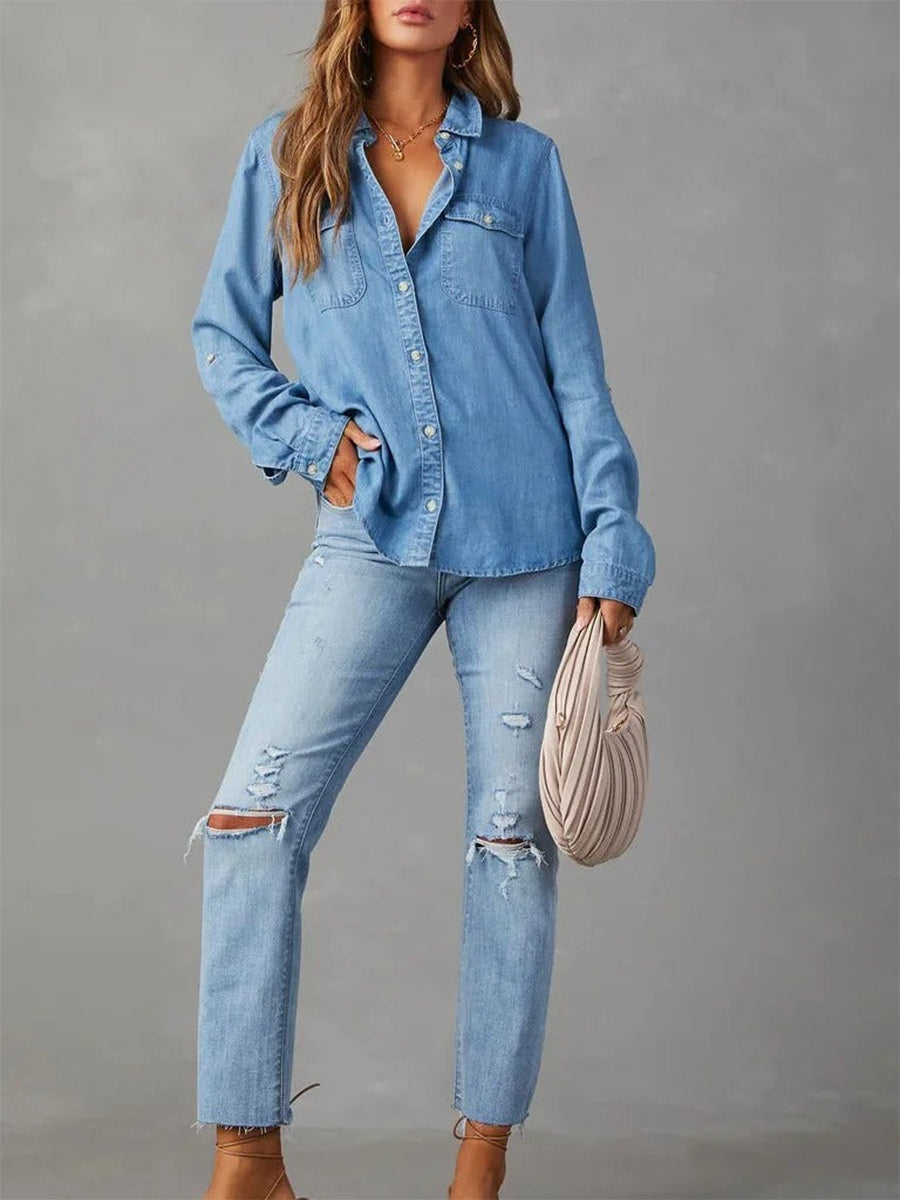 LilyWish Spring Collar Denim Long Sleeve Abstract Regular Loose Blouse