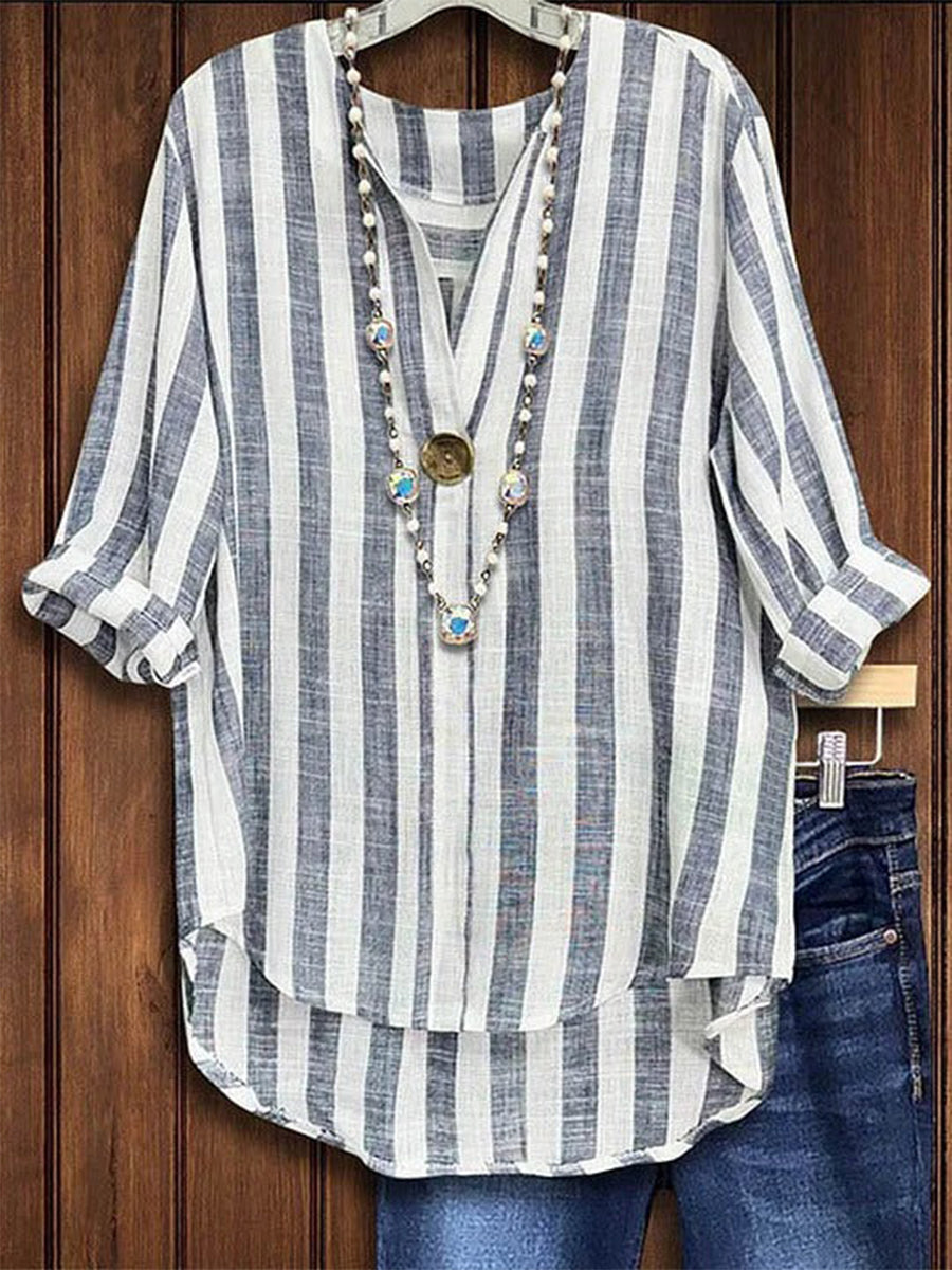 LilyWish Casual Striped Loose Half Open Collar Blouse