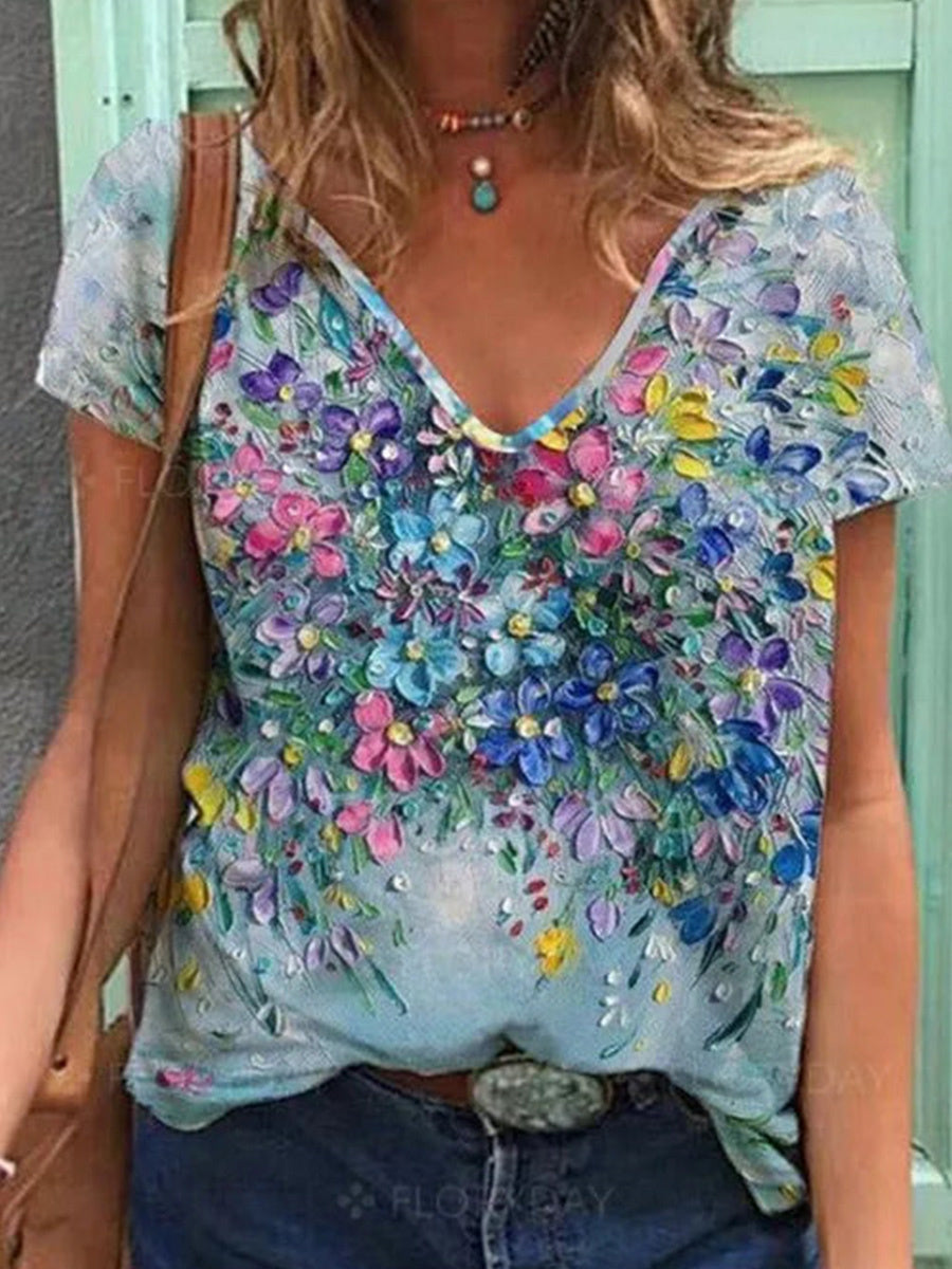 Floral V-Neckline Short Sleeve Blouses