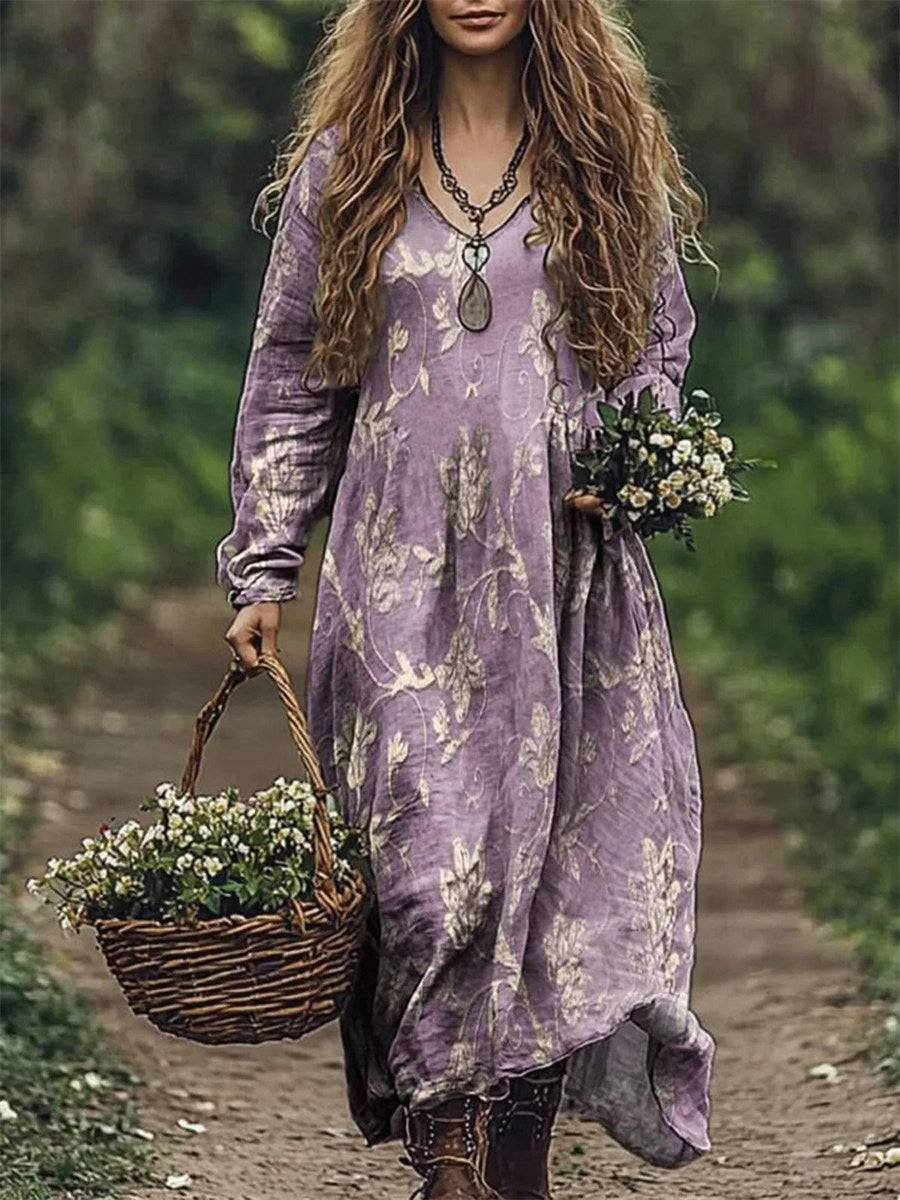 Floral Printed V Neck Long Sleeve Loose Maxi Dress