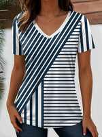 LilyWish Casual Striped V-neck Short Sleeve T-Shirt