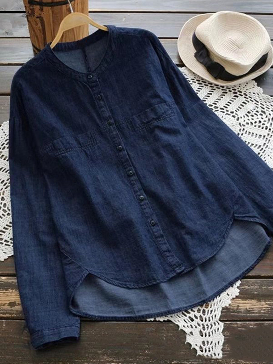 LilyWish Leisure Stand Up Collar Washed Denim Irregular Long Sleeved Shirt
