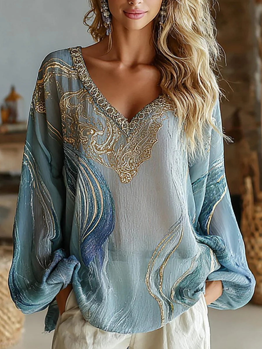 Blue Long Sleeve V-Neck Top