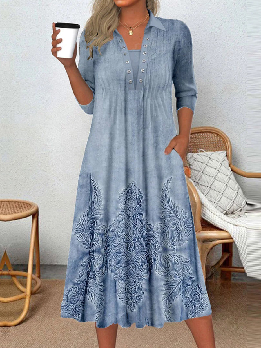 Women's Long Sleeve Scoop Neck Graphic Midi Dress