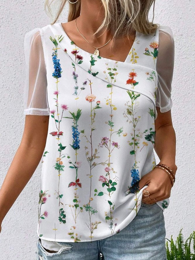 LilyWish MulticolorCasual V Neck Floral Printed Short Sleeve Blouse