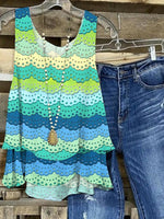 LilyWish Green Wavy Ruffled V Neck Sleeveless Tank