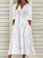 Elegant V-Neck Button-Down Lace Floral Cotton Maxi Dress with Pockets
