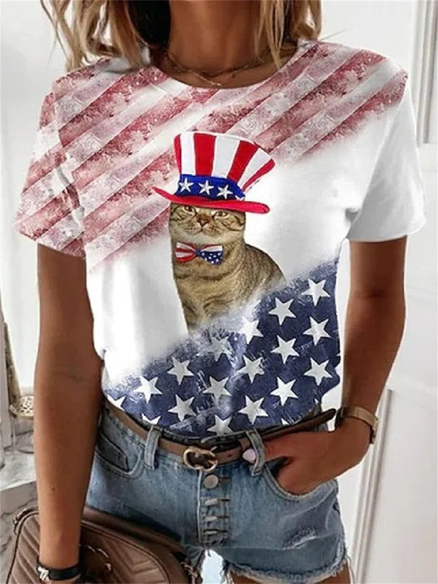 Women’s American Flag Cat Graphic Short Sleeve Casual T-shirt