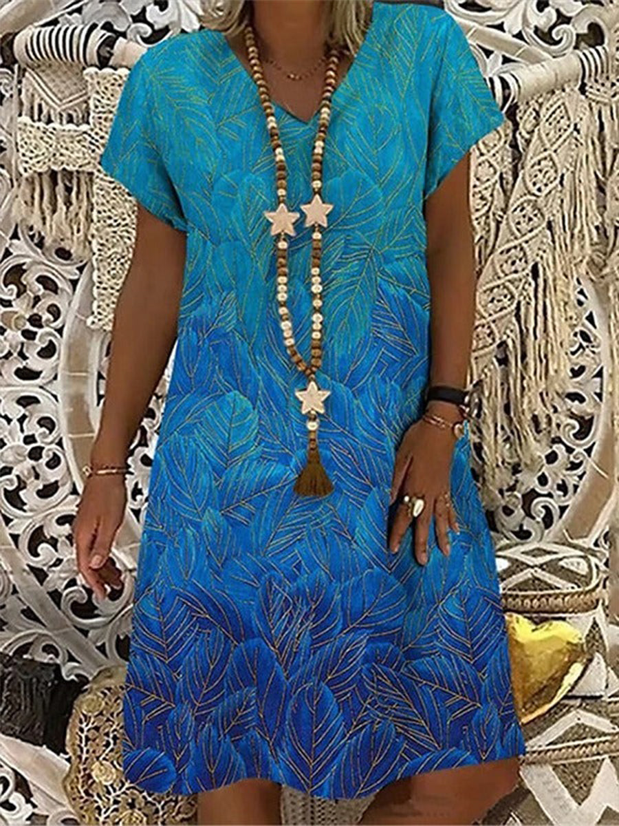 Short Sleeve Holiday V Neck Printed Short Dress