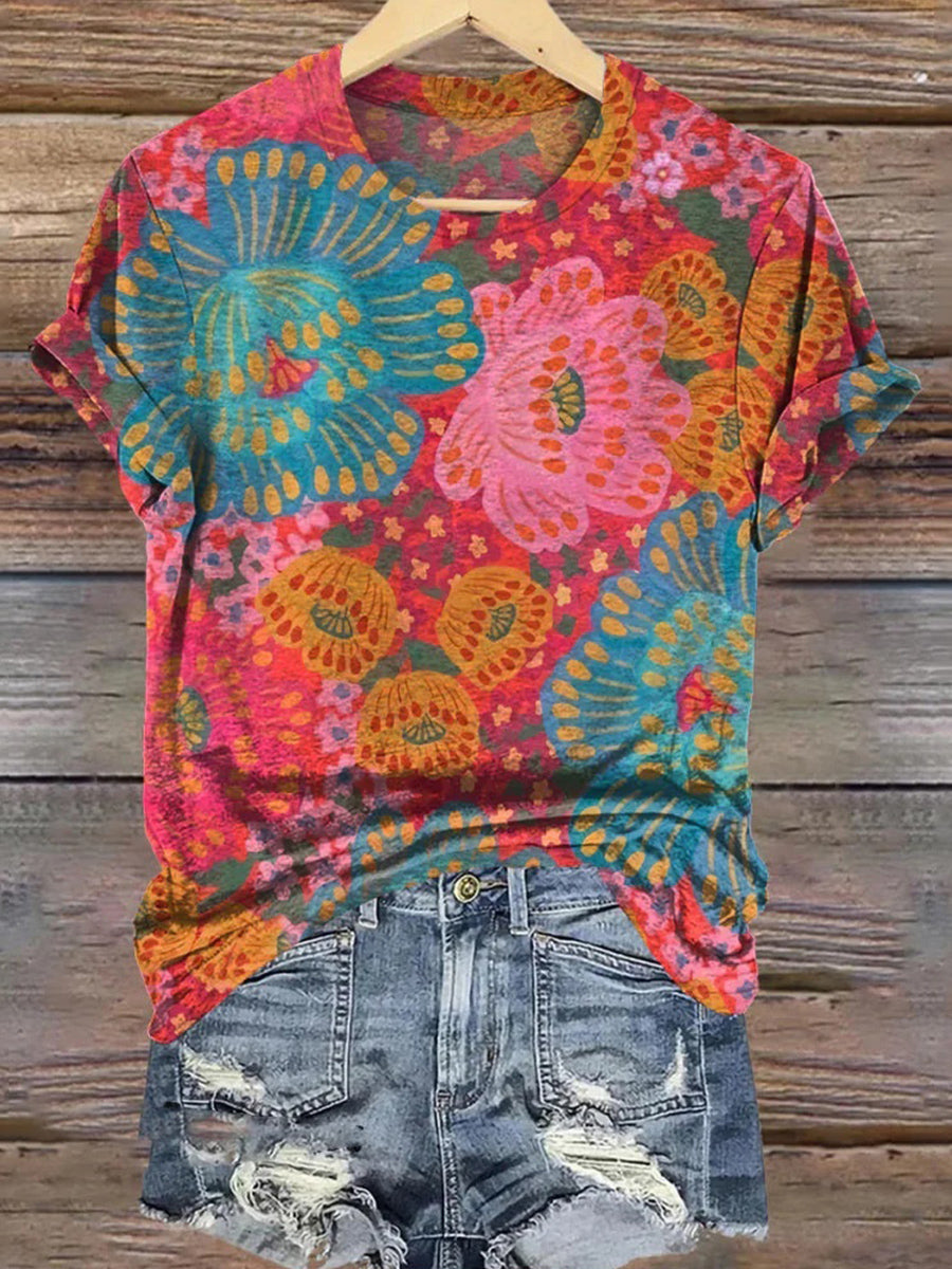 LilyWish Chic Round Neck Floral Print Short Sleeve Top