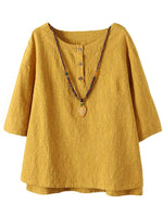 Solid Buttons Casual Round Neck 3/4 Sleeve Blouse