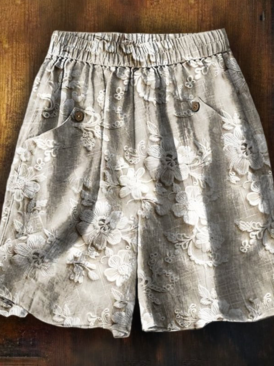 LilyWish Women's Vintage Flower Art Printed Casual Pocket Shorts