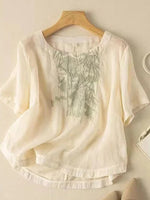 Art Retro Embroidery Short Sleeve Patchwork Shirt