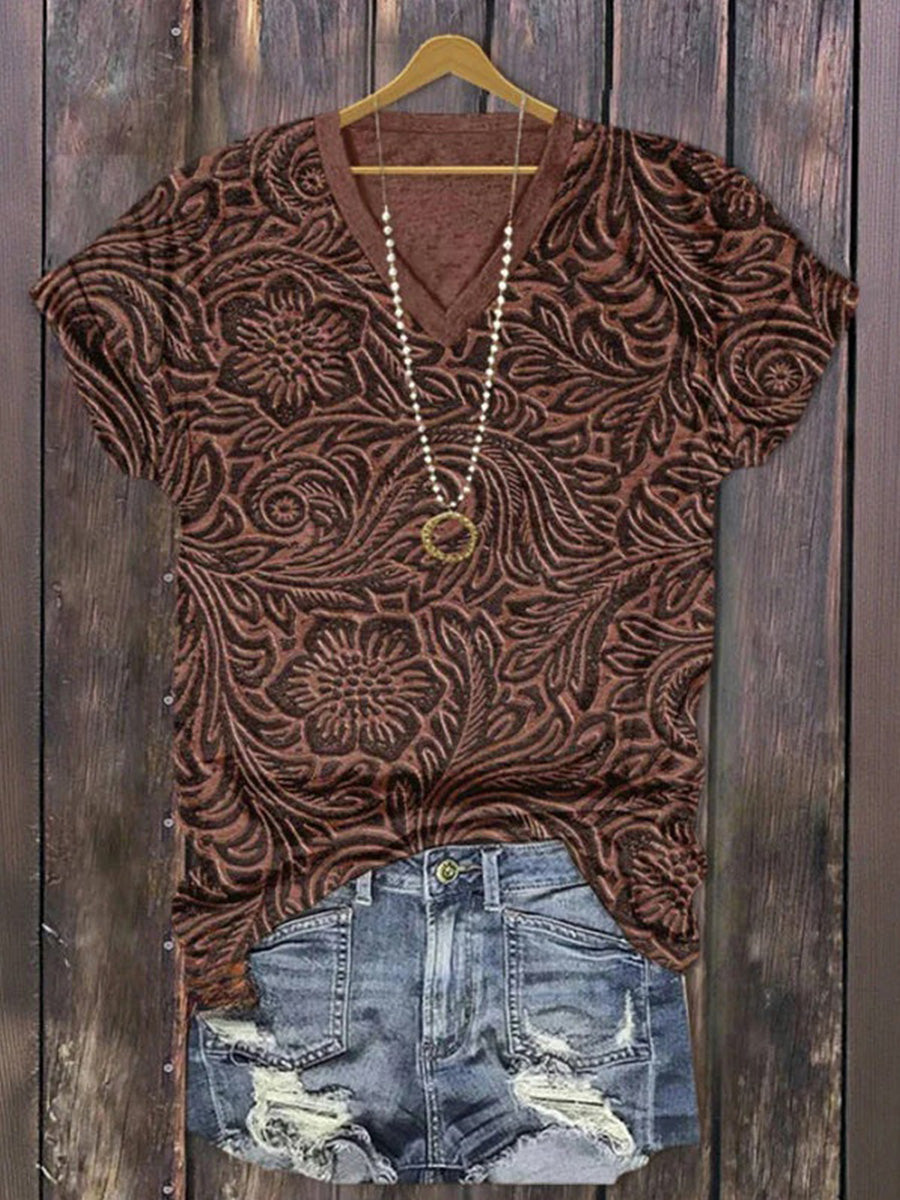 LilyWish Vintage Floral Print V-neck Short Sleeve T-Shirt
