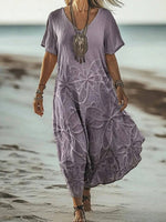 LilyWish Vintage Floral Print V-neck Short Sleeve Dress