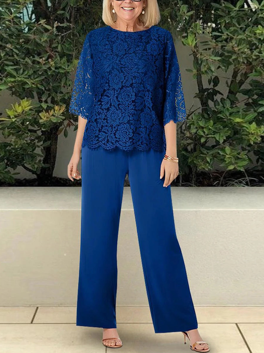 Blue Round Neck 3/4 Sleeve Two Piece Set