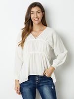 Whitegold Solid Ruffles V-neck Long Sleeve Blouse