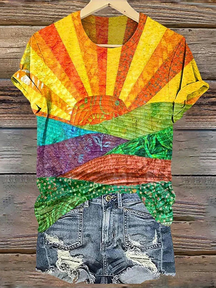 Casual Colour Block Round Neck Short Sleeve T-Shirt