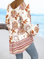 Chic Floral Print V-Neck Long Sleeve Top
