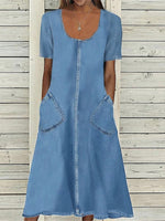 Plain Square Neck Short Sleeve Pocket Denim Midi Dress