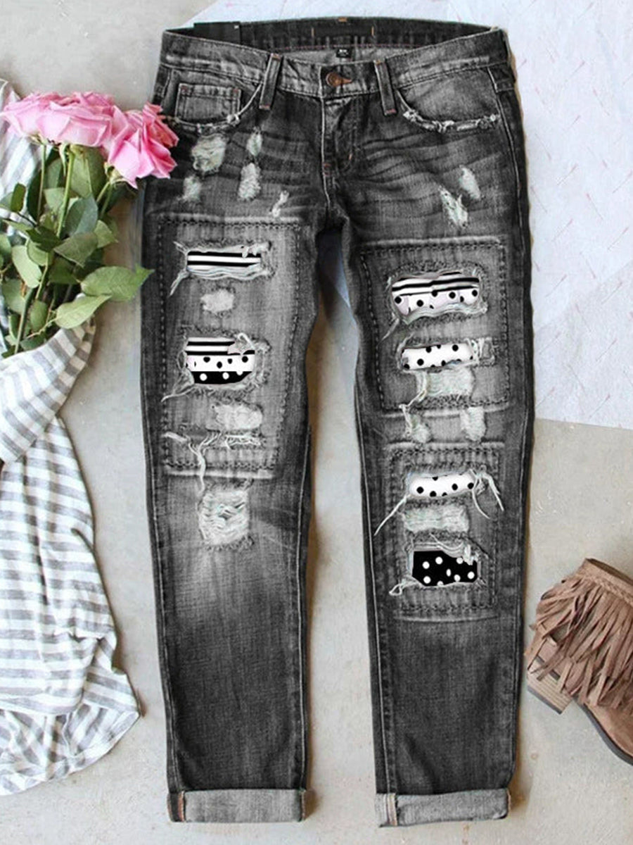 LilyWish Stretch Ripped Frayed Raw Hem Distressed Jeans