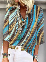 Blue Casual V Neck Stripe Printed 3/4 Sleeve Blouse