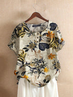 Allover Plants Print Button Front Short Sleeve Blouse