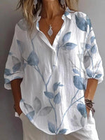 LilyWish Fresh Plant Print Collared Long Sleeve Top