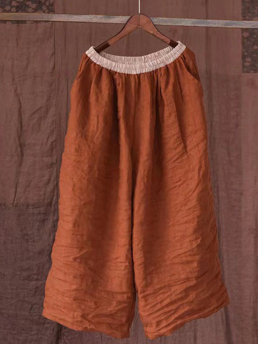 LilyWish Vintage Orange Pockets Elastic Waist Linen Pants Summer
