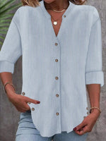 LilyWish Striped Notched Long Sleeve Regular Loose Shirt