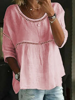 LilyWish Plain Crew Neck 3/4 Sleeve White Comfy Blouse
