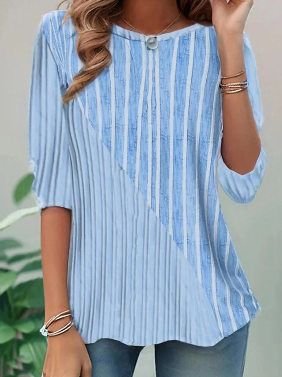 LilyWish Unique Blue Striped Print Round Neck Half Sleeve Top