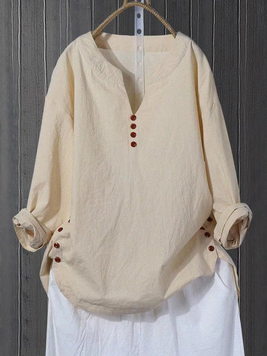 LilyWish Literary And Artistic Pullover V-Neck Loose Fitting Shirt