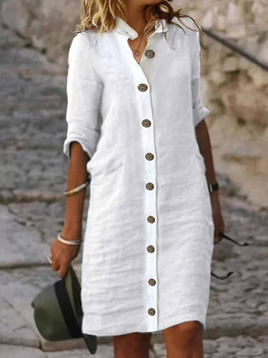 LilyWish Half Sleeves Loose Buttoned Solid Color Stand Collar Mini Dress