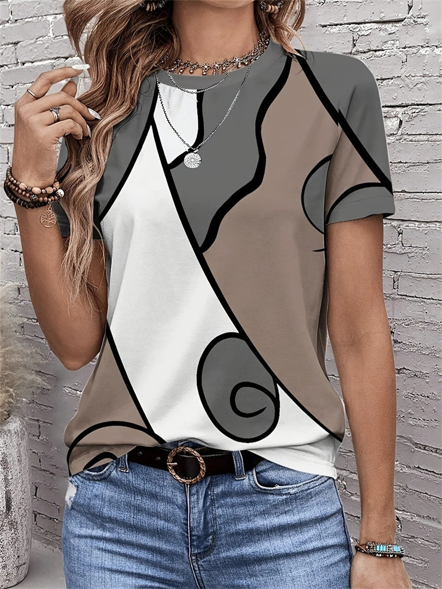 LilyWish Women Abstract Print Round Neck Short Sleeve T-shirt