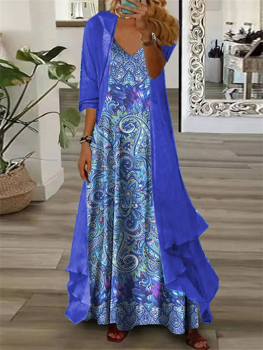 Floral Half Sleeve V-Neck Two Pieces Maxi Dress
