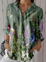 LilyWish Fresh Green Collared Floral Print Long Sleeve Shirt