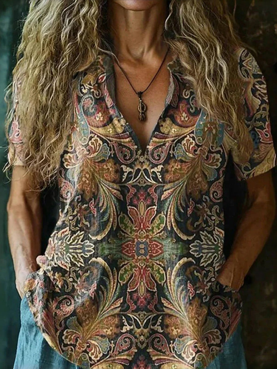 LilyWish Vintage Ethnic Print V-neck Short Sleeve Blouse