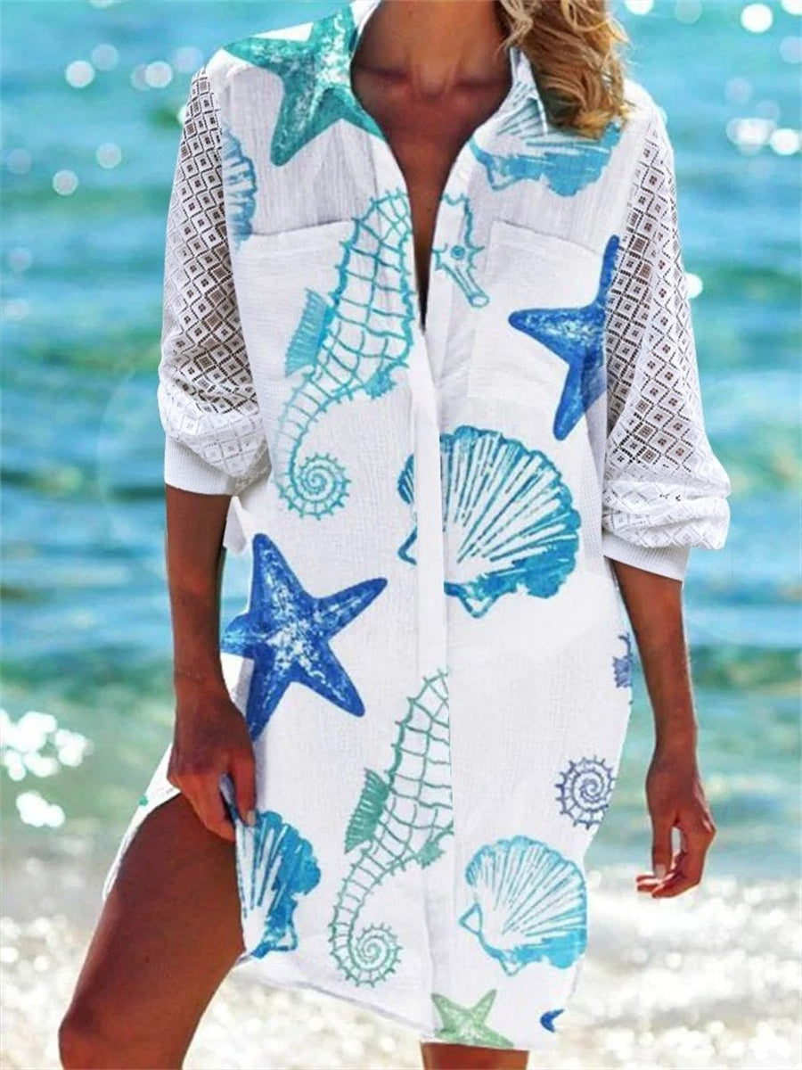 LilyWish Loose Graphic Printed V Neck Half Sleeve Short Dress
