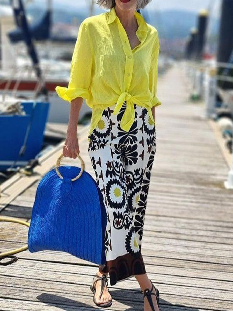 Yellow Long Sleeve Two Piece Skirt