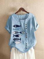 Button Cartoon Fish Print Short Sleeve Casual Blouse