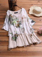 LilyWish Vintage Patchwork Print Fake Two-Piece Half Sleeve Plus Size Blouse