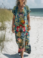 LilyWish Women's Vintage Lovely V-neck Short Sleeve Floral Art Print Dress