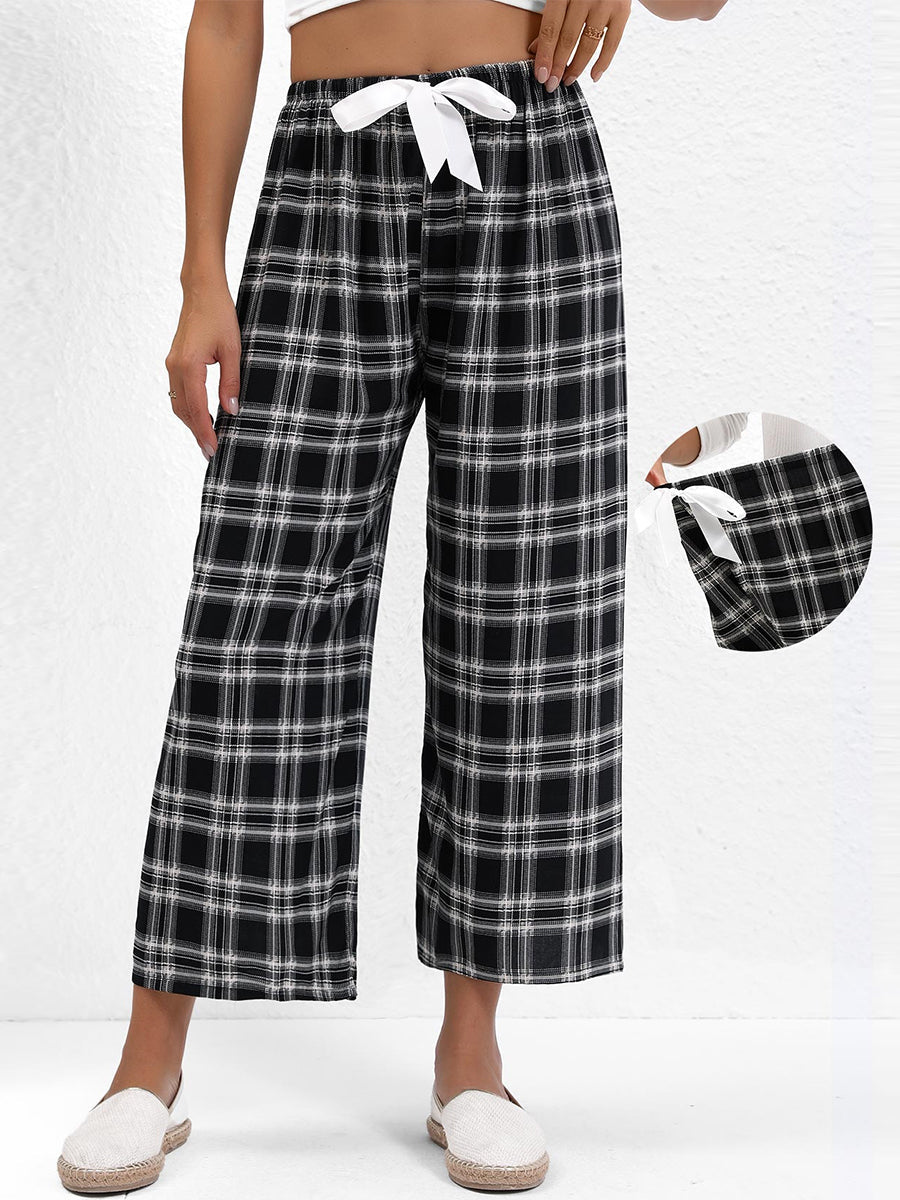 Plaid Drawstring Black Straight Leg Elastic Waist Pants