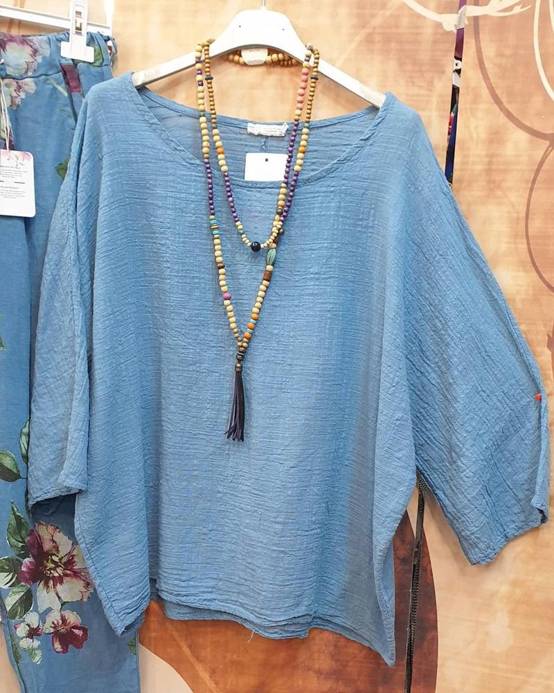 Blue Printed Comfortable Loose 3/4 Sleeve Two Piece Suit