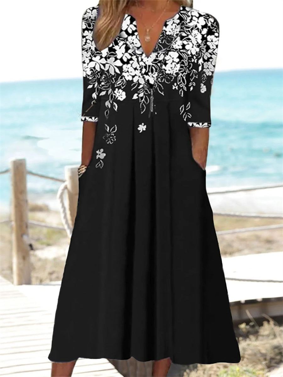 Elegant Floral Printed V-neck Loose Dress